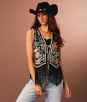 Metallic Floral Jacquard Fringe Vest