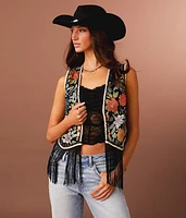 Metallic Floral Jacquard Fringe Vest