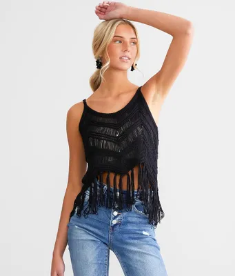 New In Chevron Cropped Fringe Tank Top