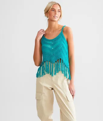 New In Chevron Cropped Fringe Tank Top