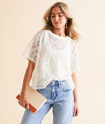 Veveret Embroidered Floral Mesh Top