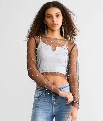 Veveret Faux Pearl & Rhinestone Mesh Cropped Top