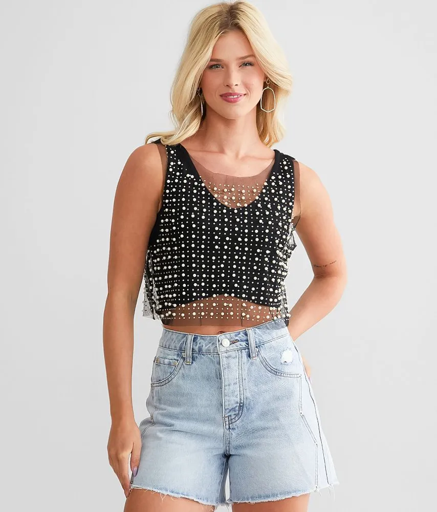 Veveret Embellished Mesh Cropped Tank Top