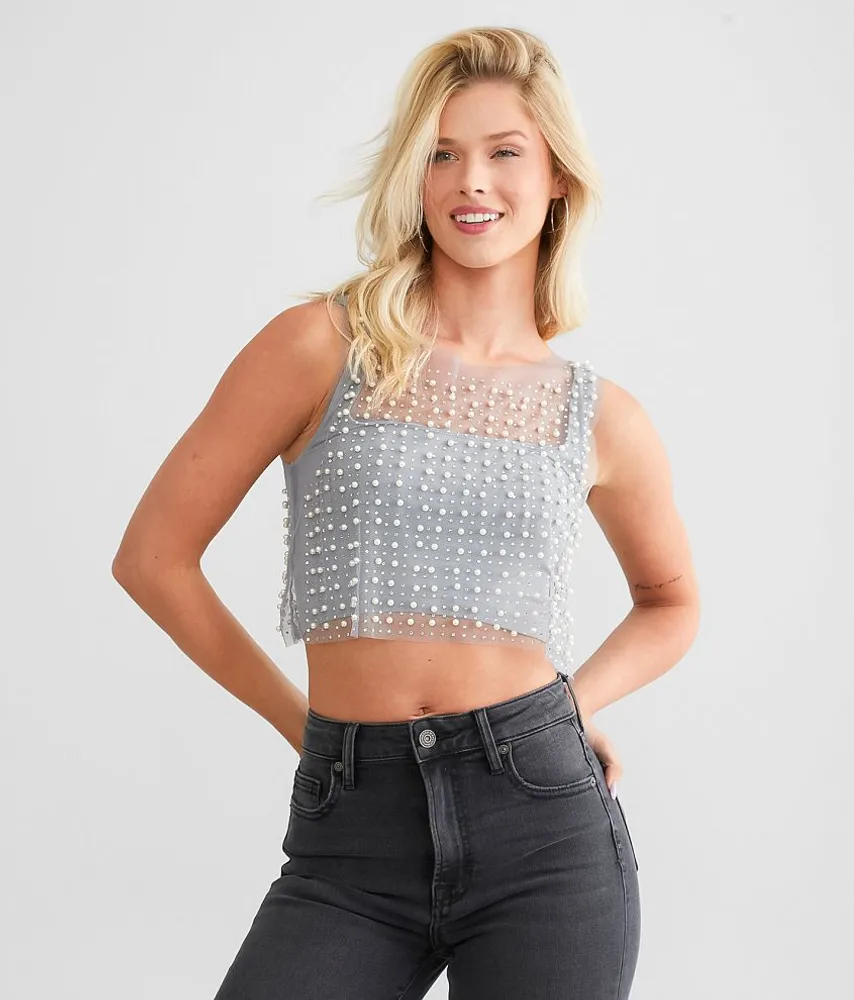 Veveret Embellished Mesh Cropped Tank Top