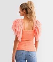 Exaggerated Mesh Ruffle Sleeve Top