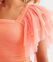 Exaggerated Mesh Ruffle Sleeve Top
