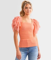 Exaggerated Mesh Ruffle Sleeve Top