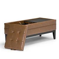 Simpli Home - Castlerock Rectangular Polyurethane Faux Leather Bench Ottoman With Inner Storage - Burnt Umber Tan