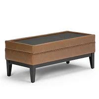 Simpli Home - Castlerock Rectangular Polyurethane Faux Leather Bench Ottoman With Inner Storage - Burnt Umber Tan