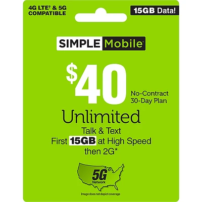 Simple Mobile - $40 Unlimited Talk, Text & Data (First 15GB at High Speed then 2G*) 30-Day Plan (Email Delivery) [Digital]