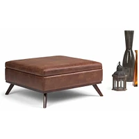Simpli Home - Owen Square Mid-Century Modern Faux Air Leather Ottoman With Inner Storage