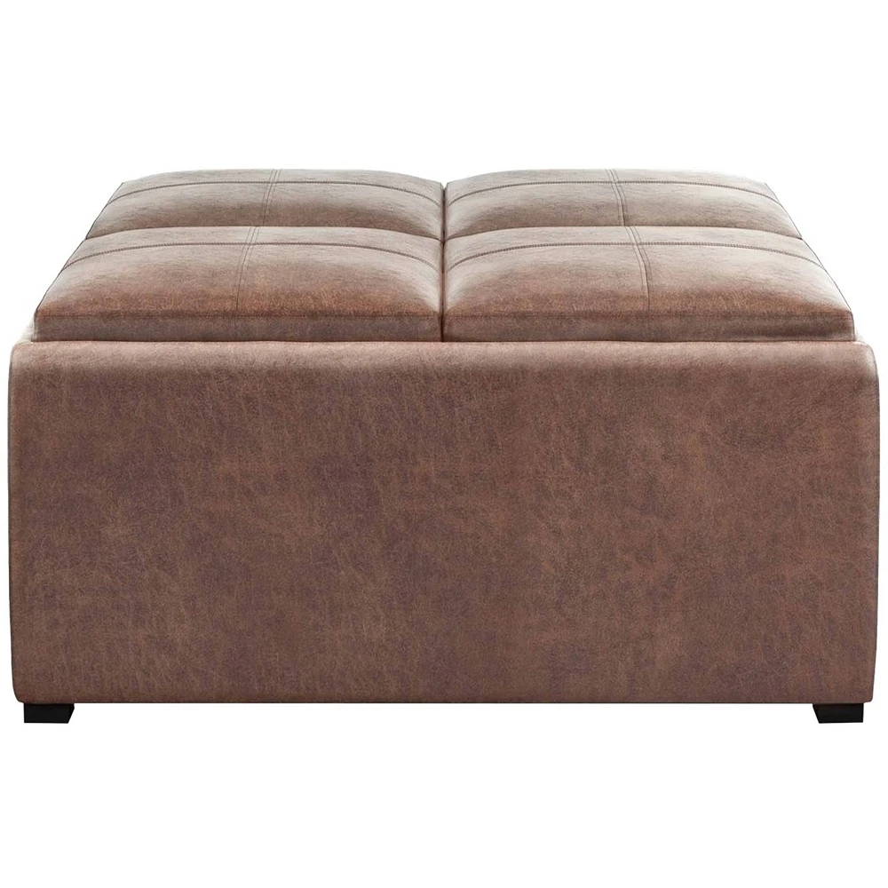 Simpli Home - Avalon Square Contemporary Faux Air Leather Storage Ottoman - Distressed Umber Brown