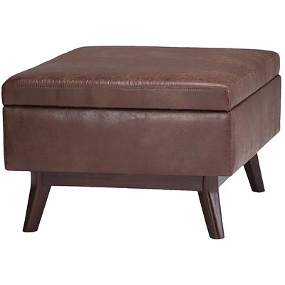 Simpli Home - Owen Mid-Century Modern Faux Air Leather Ottoman With Inner Storage - Distressed Saddle Brown