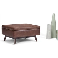 Simpli Home - Owen Mid-Century Modern Faux Air Leather Ottoman With Inner Storage - Distressed Saddle Brown