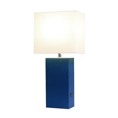 Elegant Designs - Modern Leather Table Lamp with USB and White Fabric Shade