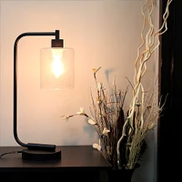 Simple Designs - Bronson Antique Style Industrial Iron Lantern Desk Lamp with Glass Shade - Black