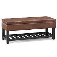 Simpli Home - Cosmopolitan 44 inch Wide Traditional Rectangle Storage Ottoman Bench in Faux Leather - Distressed Saddle Brown