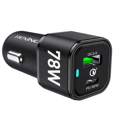 Rexing - 78W Vehicle Quick Charger with 1 USB-C & 1 USB Port Compatible with iPhone and Samsung Note - Black