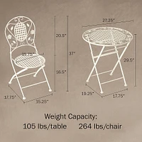 Hastings Home - Folding Bistro Set Outdoor Furniture for Garden, Patio, Porch with Lattice & Leaf Design 3PC Table and Chairs - Antique White