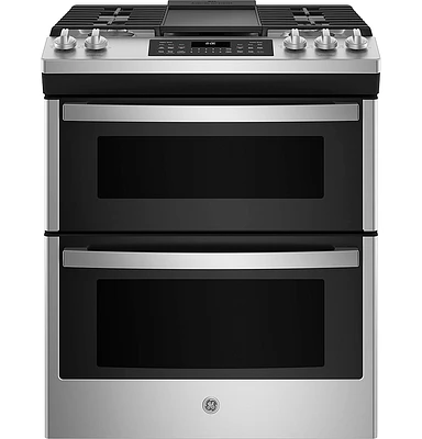 GE - 6.7 Cu. Ft. Slide-In Double-Oven Gas Range with Steam-Cleaning and No-Preheat Air Fry - Stainless Steel