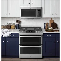 GE - 6.7 Cu. Ft. Slide-In Double-Oven Gas Range with Steam-Cleaning and No-Preheat Air Fry - Stainless Steel
