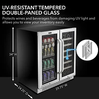 Whynter - 30″ Built-In French Door Dual Zone 33 Bottle Wine Refrigerator 88 Can Beverage Center - Stainless Steel