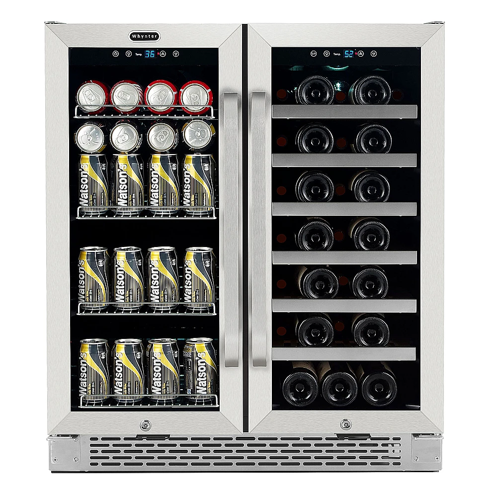 Whynter - 30″ Built-In French Door Dual Zone 33 Bottle Wine Refrigerator 88 Can Beverage Center - Stainless Steel