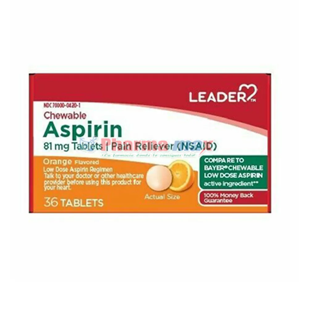 Leader Aspirin Orange Flavor 81mg 36 Chewable Tablets