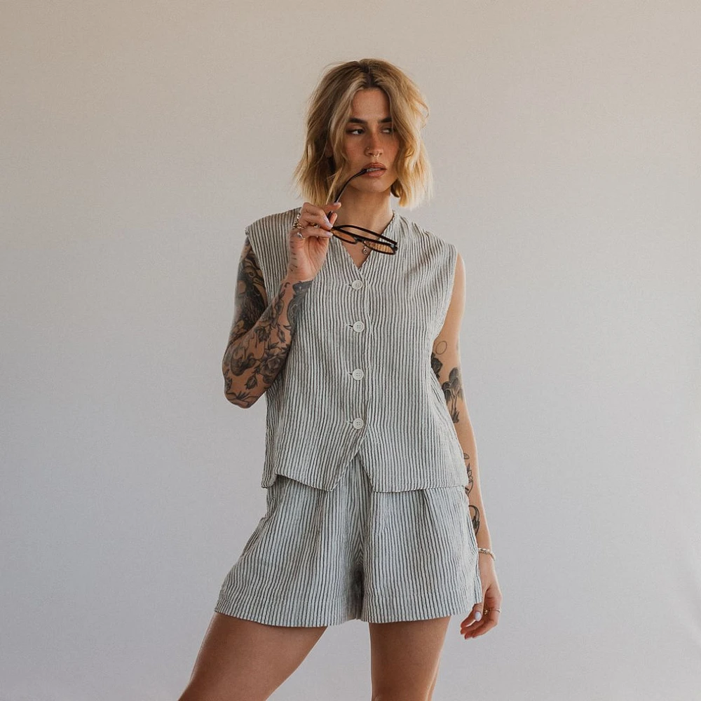 Striped Crinkle Cotton Waistcoat