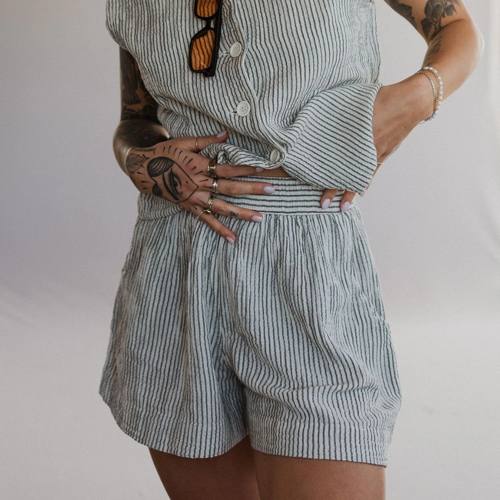 Striped Crinkle Cotton Shorts