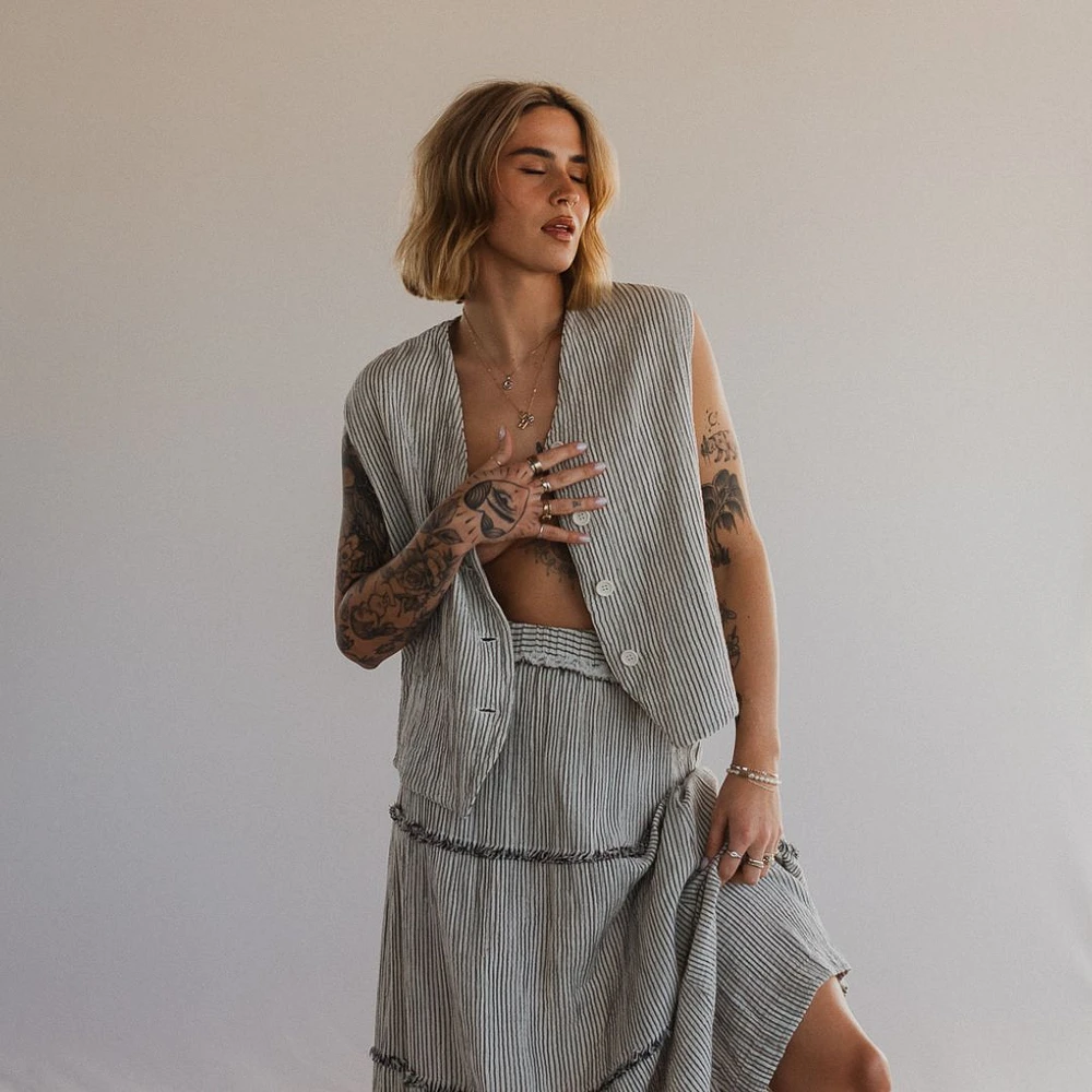 Striped Crinkle Cotton Waistcoat