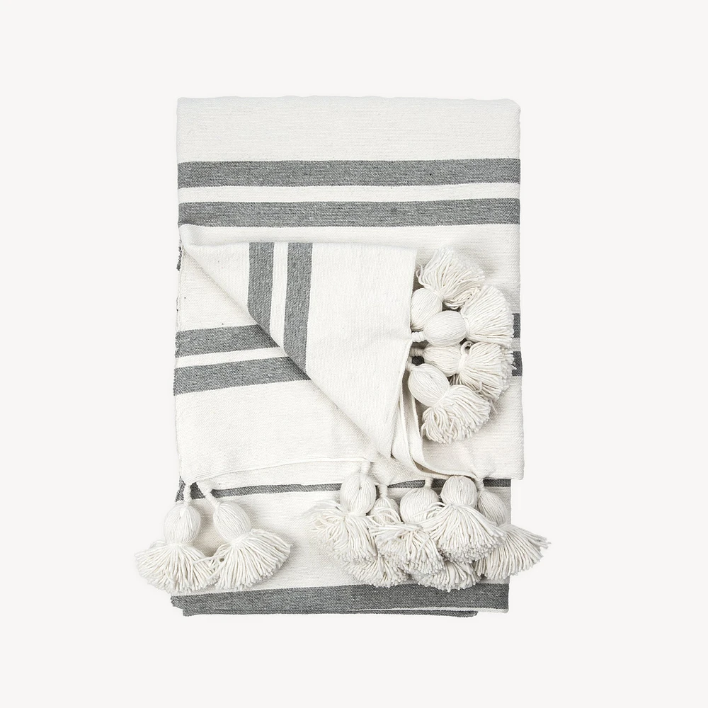 Monochrome Striped Moroccan Pom Blanket