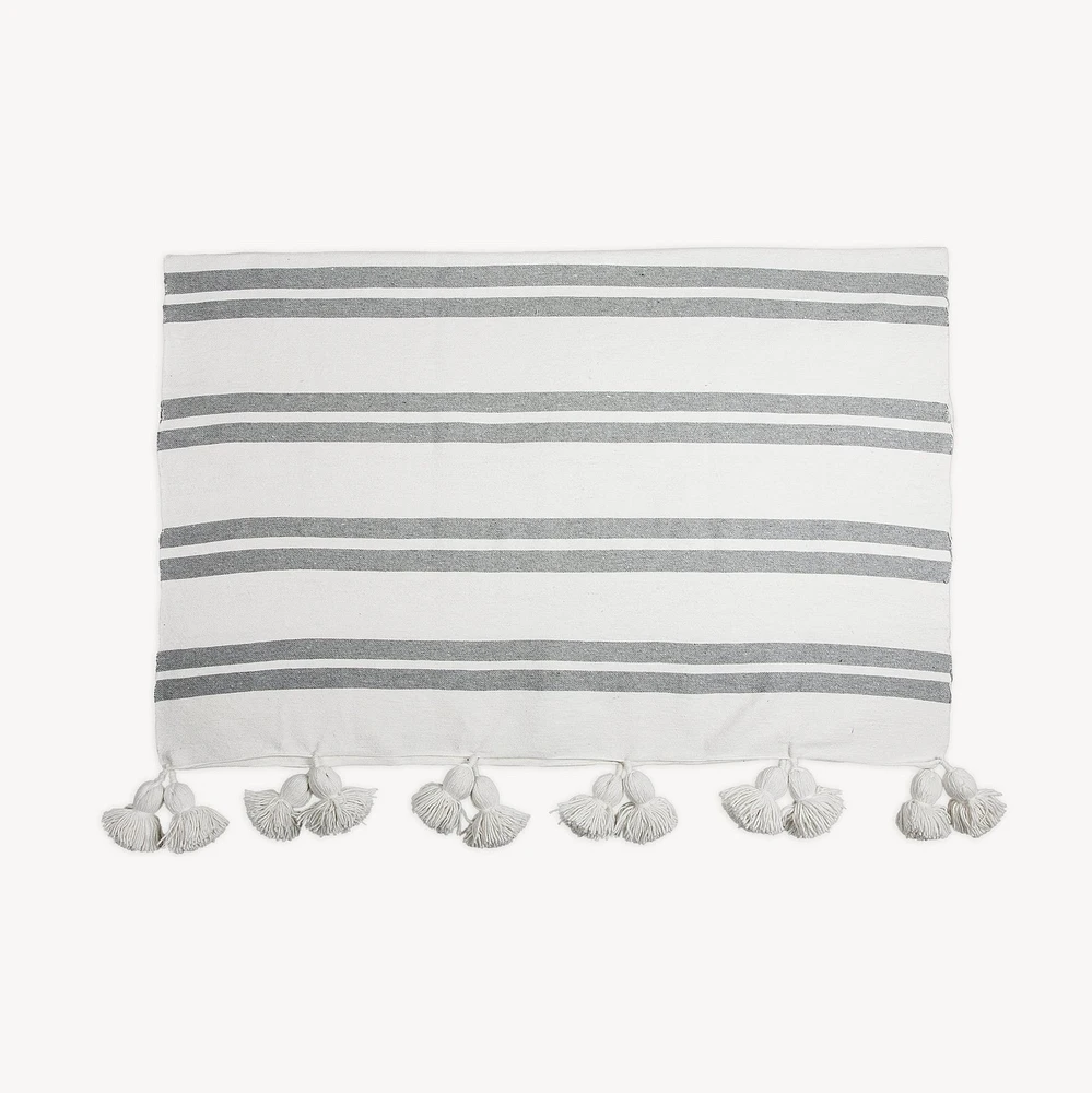 Monochrome Striped Moroccan Pom Blanket