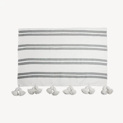 Monochrome Striped Moroccan Pom Blanket