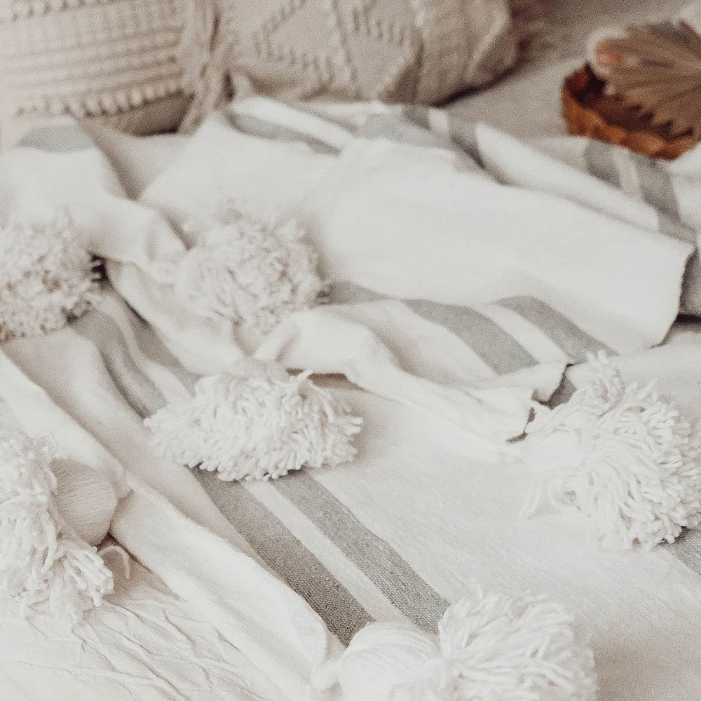 Monochrome Striped Moroccan Pom Blanket