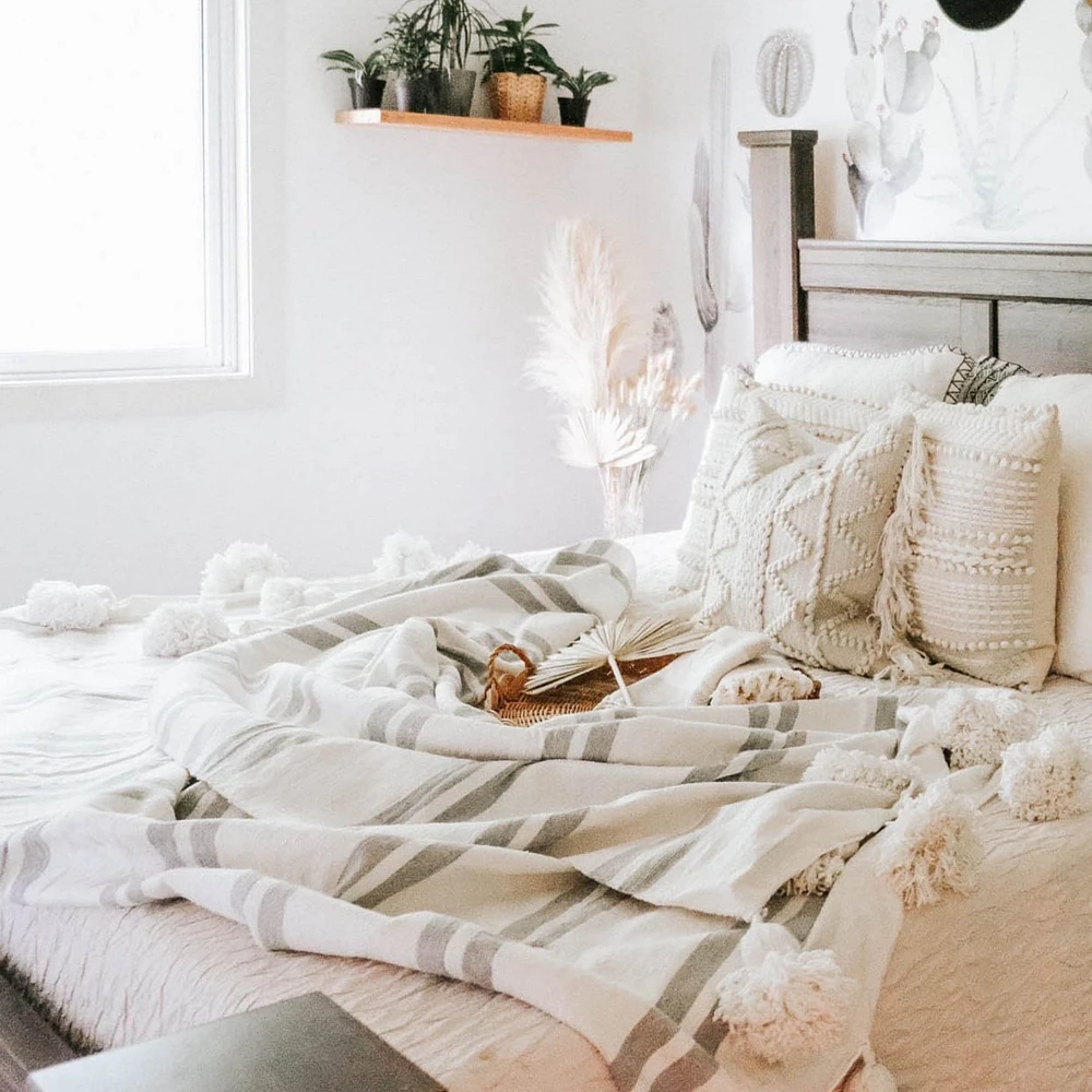 Monochrome Striped Moroccan Pom Blanket