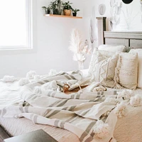 Monochrome Striped Moroccan Pom Blanket