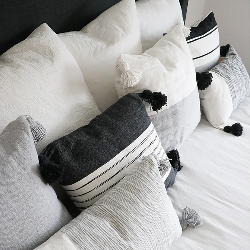 Belted Charcoal Pom Pom Pillow - 18x18"