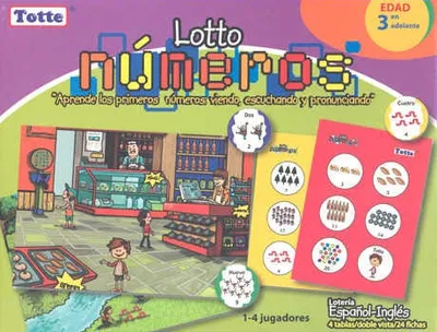 Lotto números: lotería español-inglés 4 tablas con 24 fichas