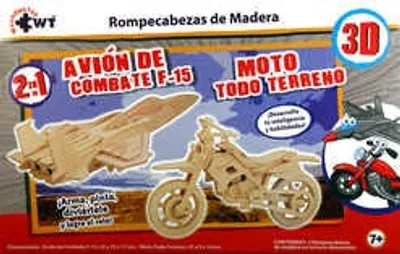 Rompecabezas de madera 3D Avión de combate F-15 y Moto todo terreno