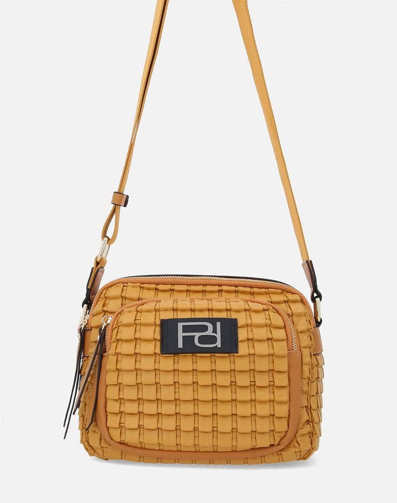 Bolso bandolera en piel vegana color amarillo y  tres compartimientos con cierres para mujer