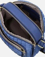 Bolso bandolera en piel vegana color azul y  tres compartimientos con cierres para mujer