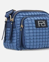 Bolso bandolera en piel vegana color azul y  tres compartimientos con cierres para mujer