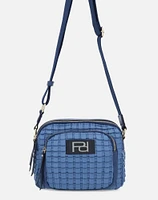 Bolso bandolera en piel vegana color azul y  tres compartimientos con cierres para mujer