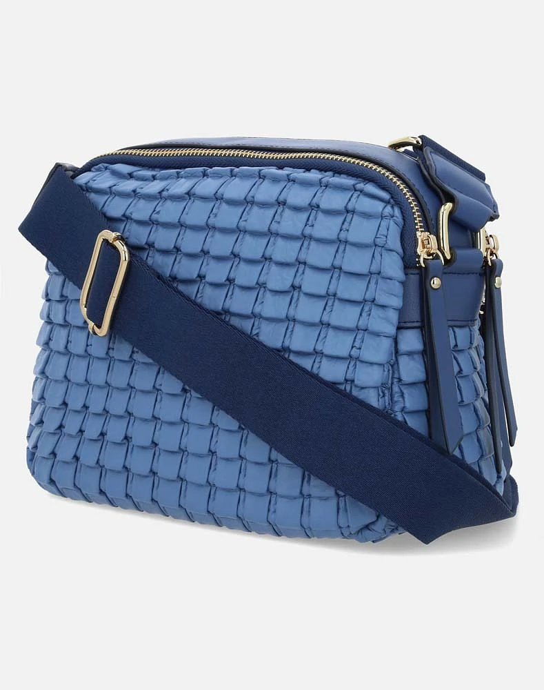 Bolso bandolera en piel vegana color azul y  tres compartimientos con cierres para mujer