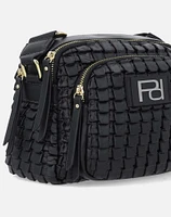 Bolso bandolera en piel vegana color negro y  tres compartimientos con cierres para mujer