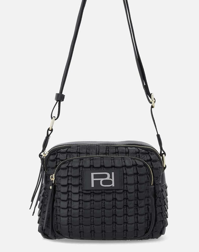 Bolso bandolera en piel vegana color negro y  tres compartimientos con cierres para mujer