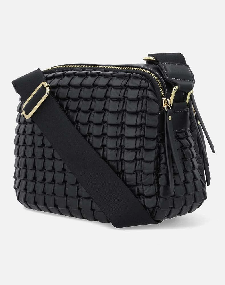 Bolso bandolera en piel vegana color negro y  tres compartimientos con cierres para mujer