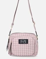 Bolso bandolera en piel vegana color nude y  tres compartimientos con cierres para mujer