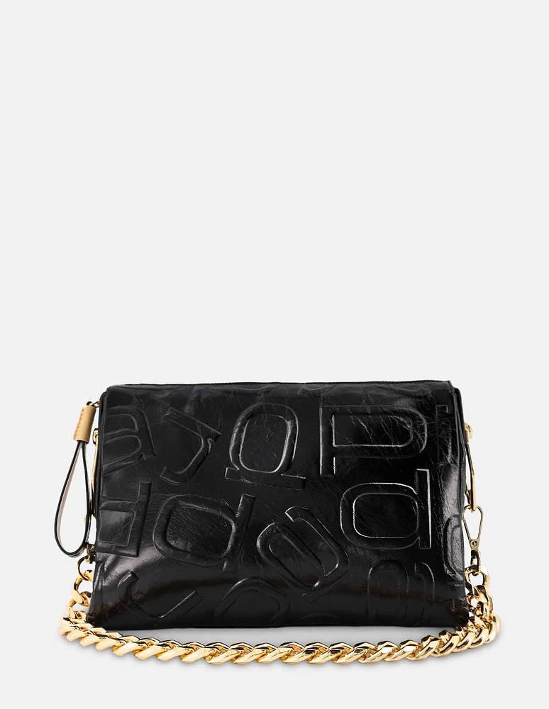 Bolso tipo bandolera en color negro con grabado anagrama letras Prada para mujer